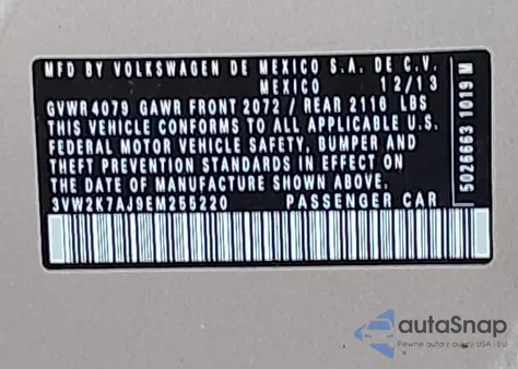 2014 Volkswagen Jetta 2.0L S from USA, damaged, VIN 3VW2K7AJ9EM255220